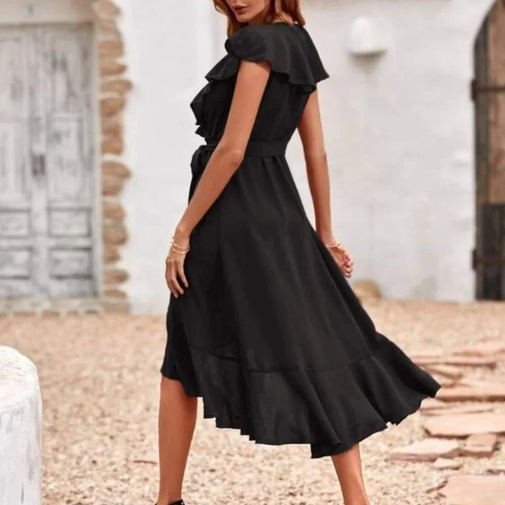 Lovely SummerTime Flowy Ruffle Belted Midi Dress black